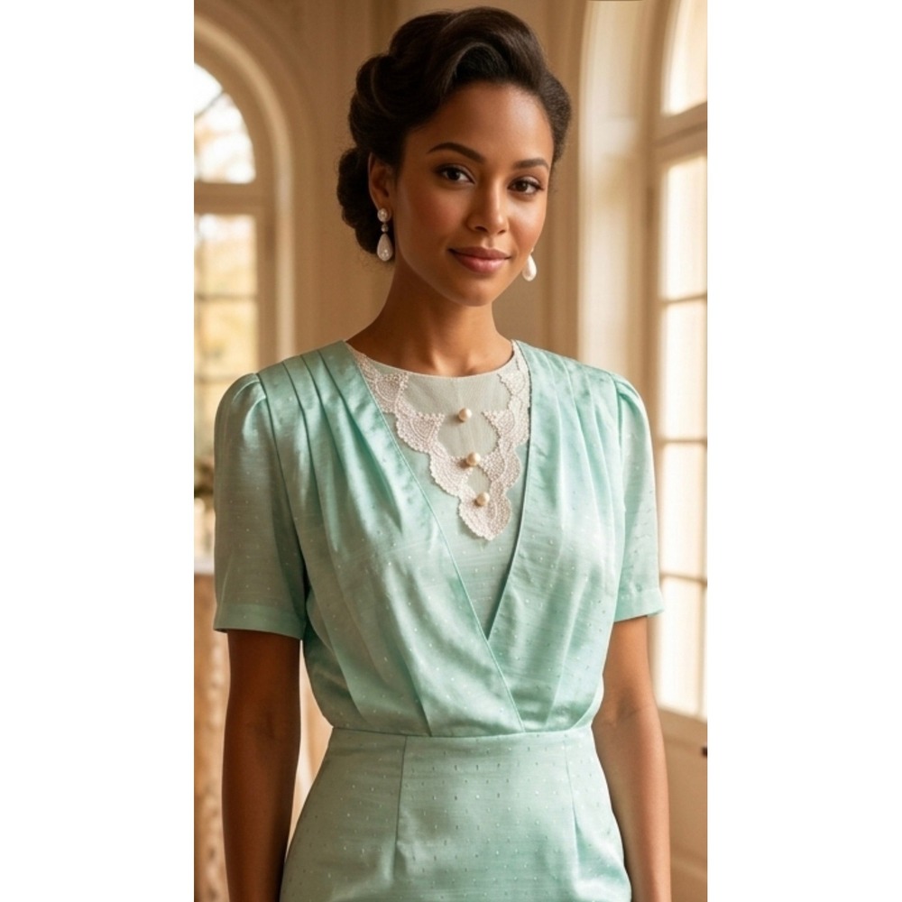 Vintage 1980's Mint Green Blouse with Delicate White Lace & Pearl Accents